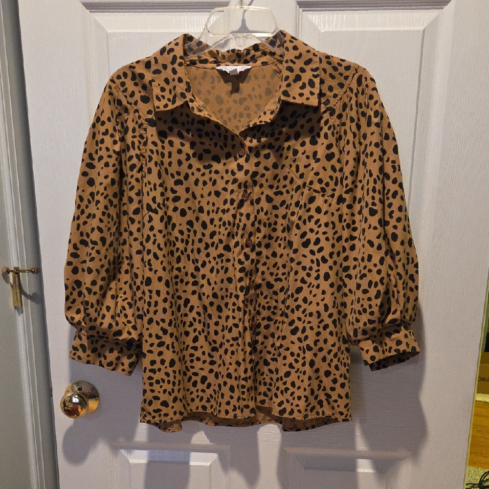 Crown & Ivy Tan and Black Animal Print Blouse